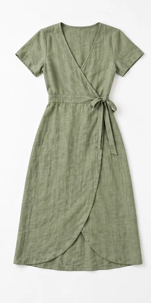 Sage linen dress photographed as a flat-lay