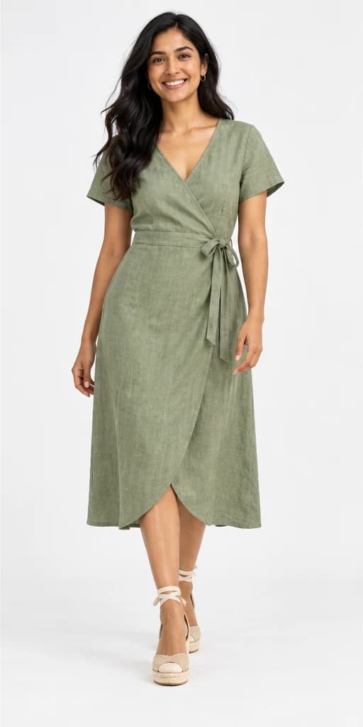 Model wearing a sage linen wrap dress
