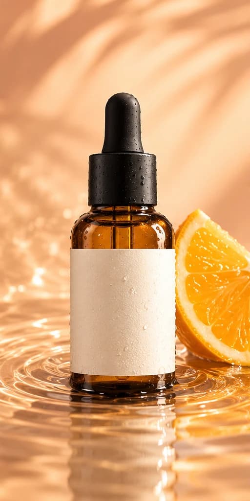 Amber skincare bottle in a campaign scene