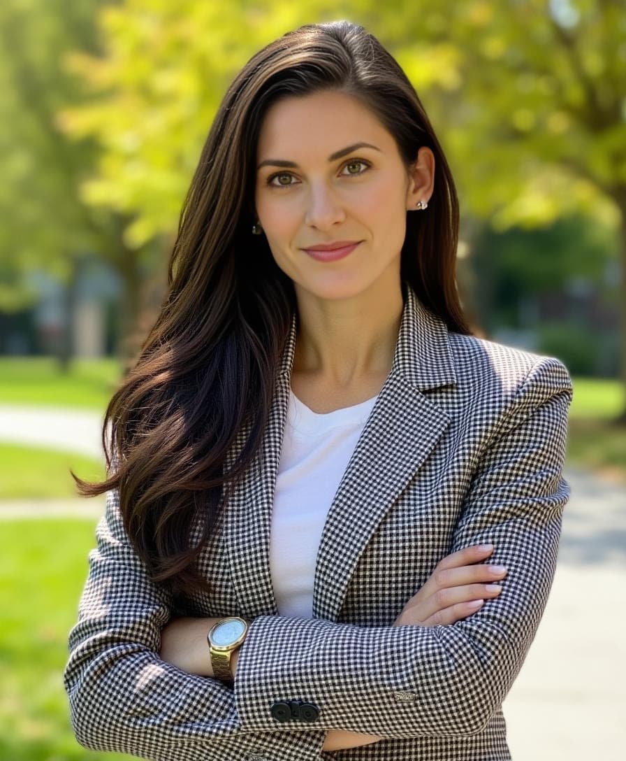 A woman in a checkered blazer and gold watch crosses her arms outdoors for a confident professional AI headshot.