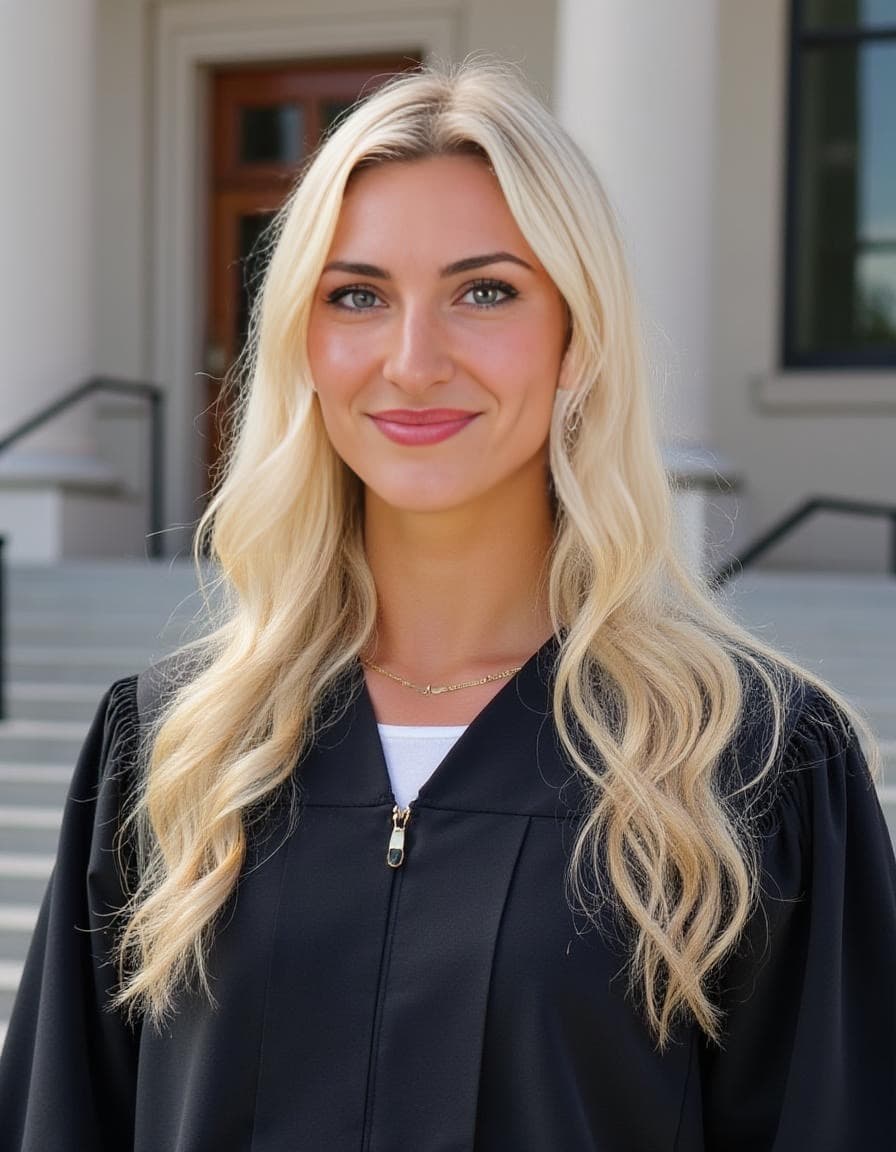 A blonde woman in a black graduation gown and gold necklace smiles outside a campus building in an AI headshot.