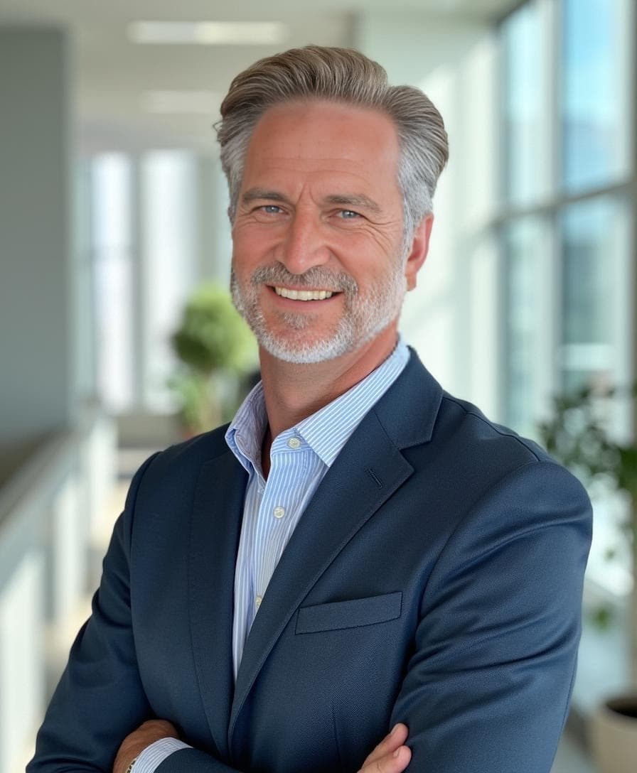 A grey-bearded man in a navy blazer and pinstripe shirt crosses his arms in a bright office for an AI headshot.