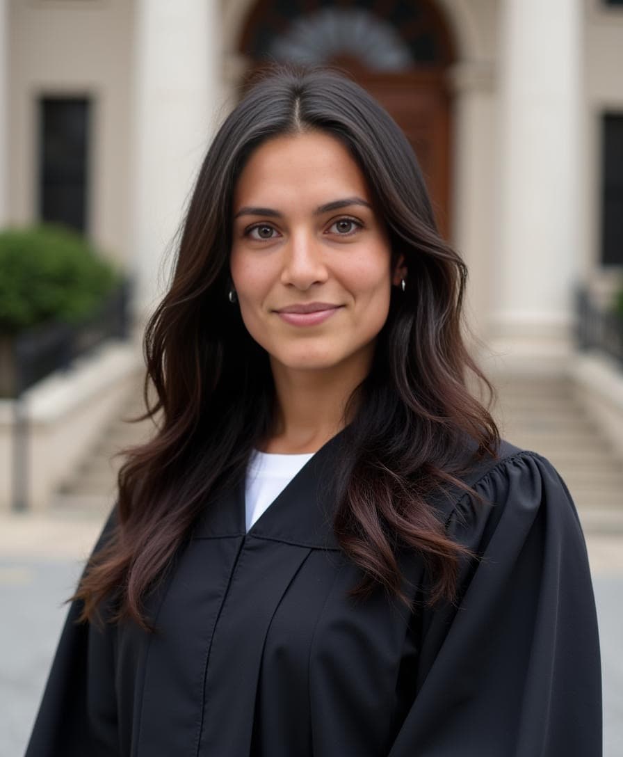 A woman with long dark wavy hair in a black academic robe smiles before white columns in an AI graduation headshot.