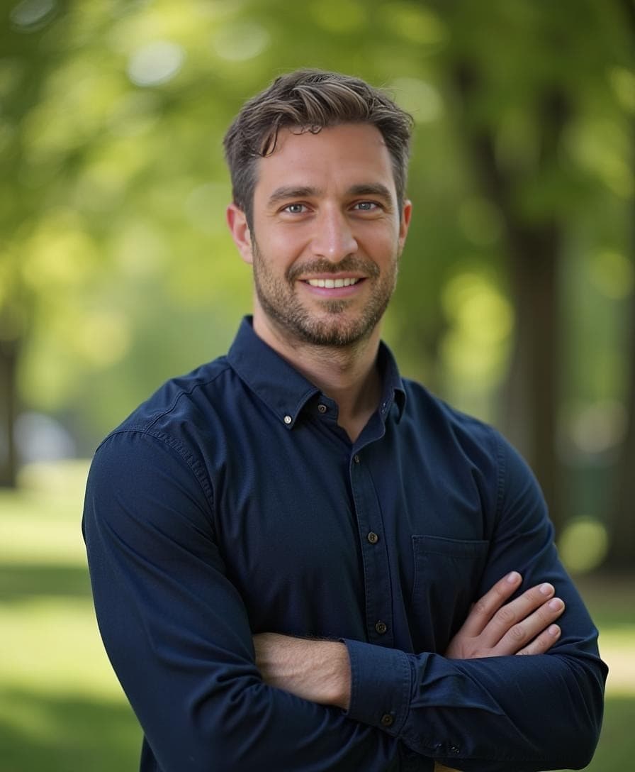 A bearded man in a navy button-down shirt smiles with arms crossed in a sunny park for a LinkedIn AI headshot.