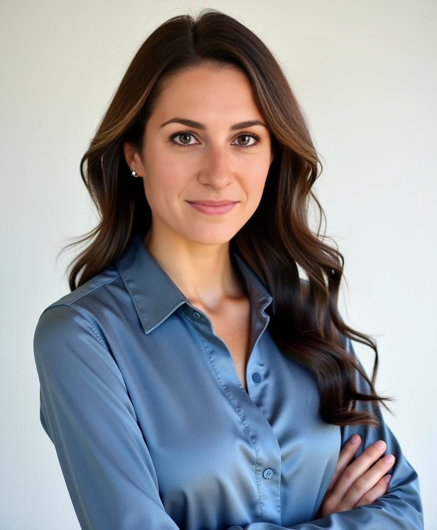 A woman with long wavy hair in a blue satin blouse crosses her arms in a studio LinkedIn AI headshot.