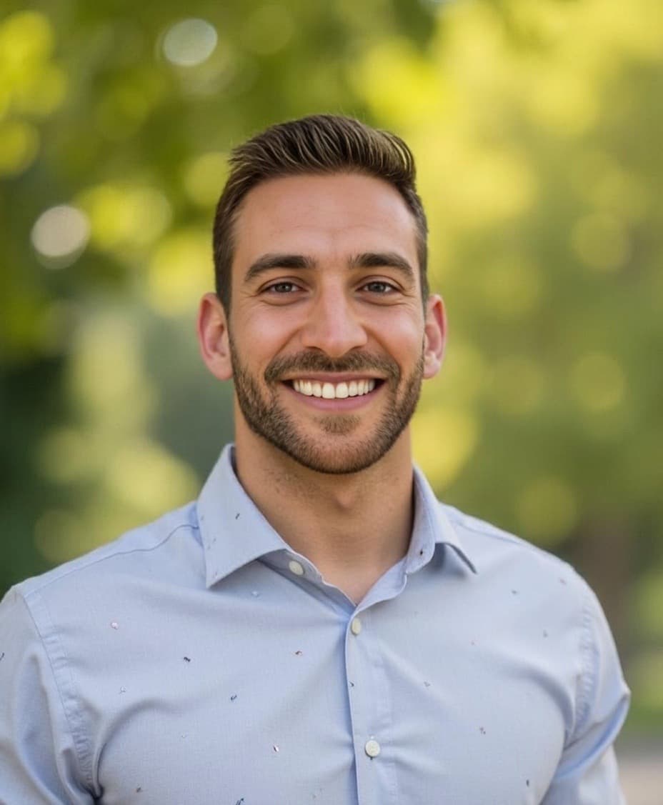 A smiling bearded man in a light blue patterned shirt poses against green outdoor bokeh for a LinkedIn AI headshot.