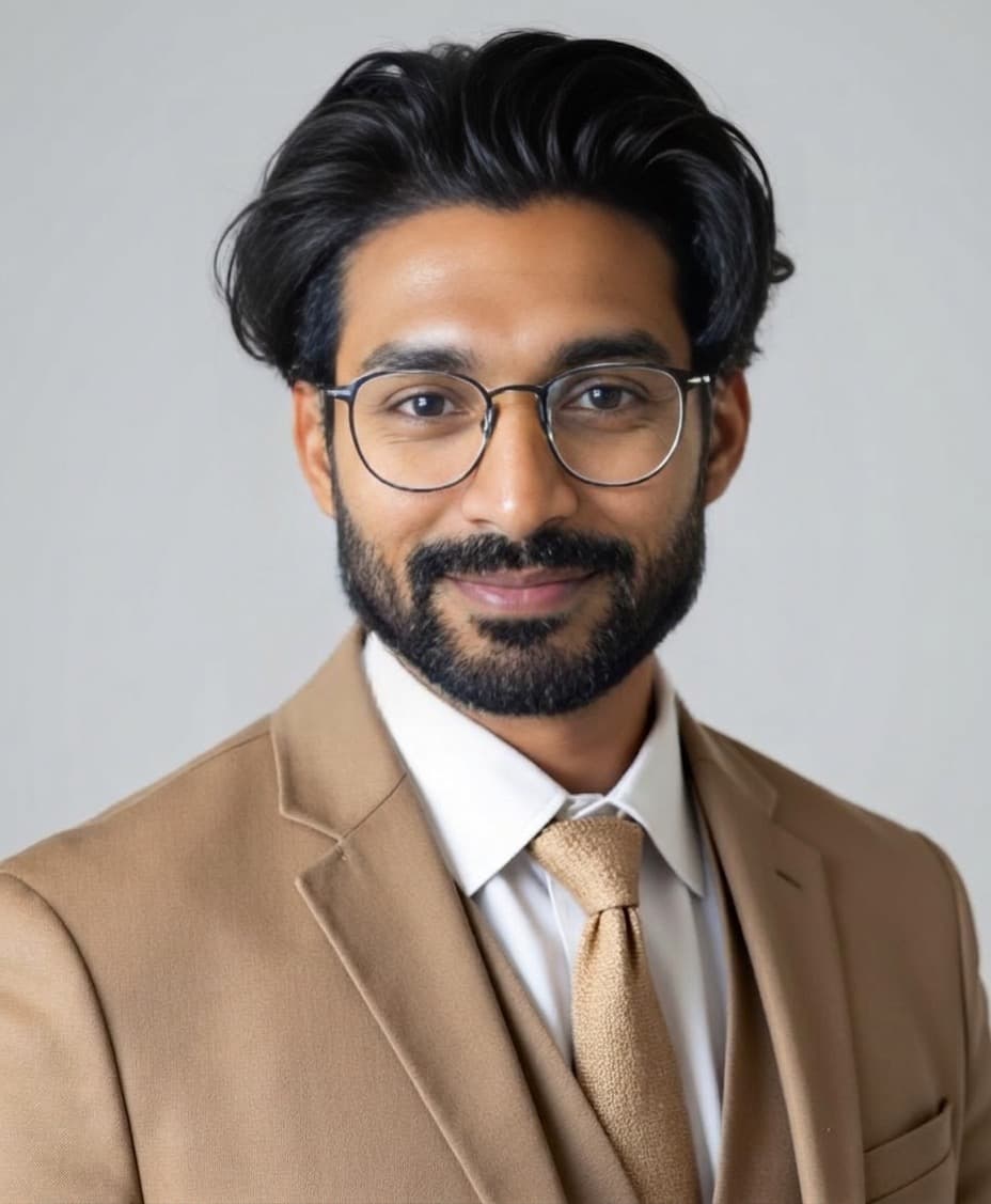 A man with glasses and a camel three-piece suit smiles against a light grey studio backdrop for a LinkedIn AI headshot.