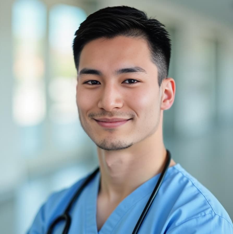 A young Asian man in light blue scrubs and a stethoscope smiles in a blurred medical hallway for Healthcare.