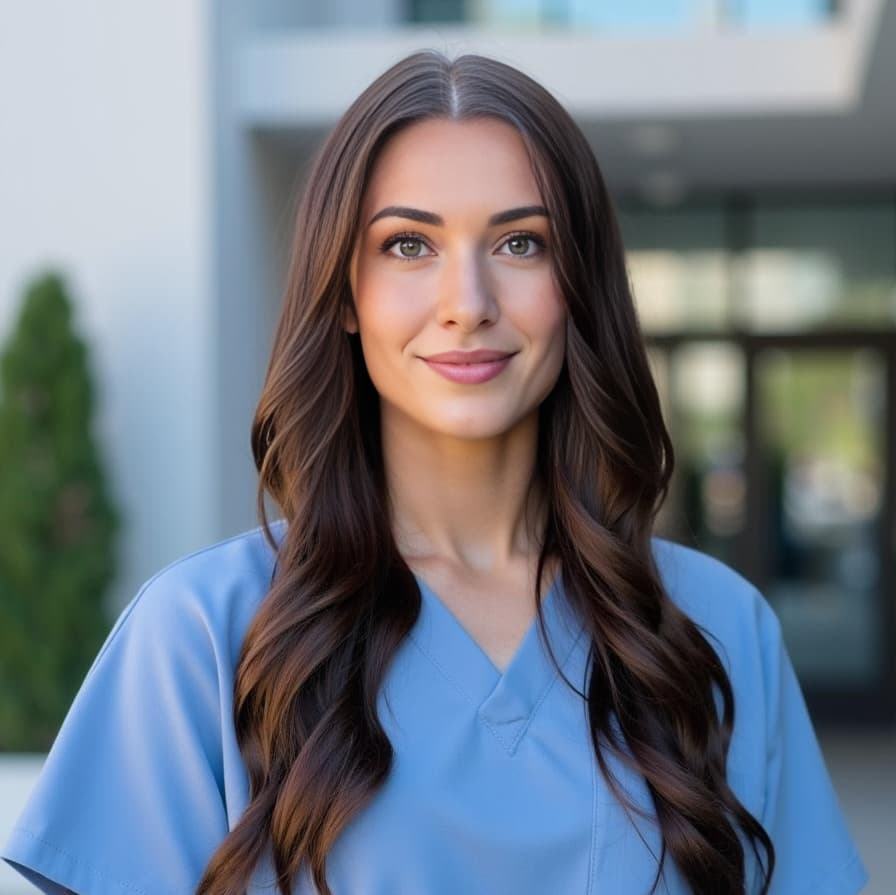 A young woman with long wavy brown hair wears light blue medical scrubs before a blurred clinic for Healthcare.