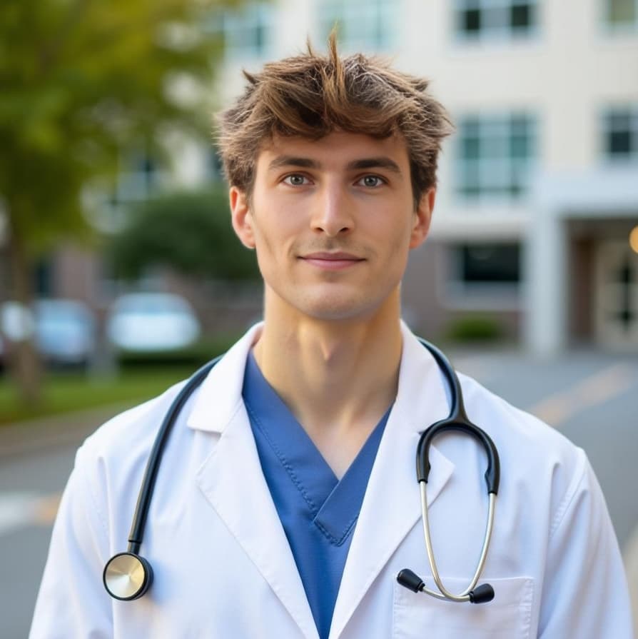 A young man in a white lab coat, blue scrubs, and stethoscope smiles outdoors before a hospital building for Healthcare.