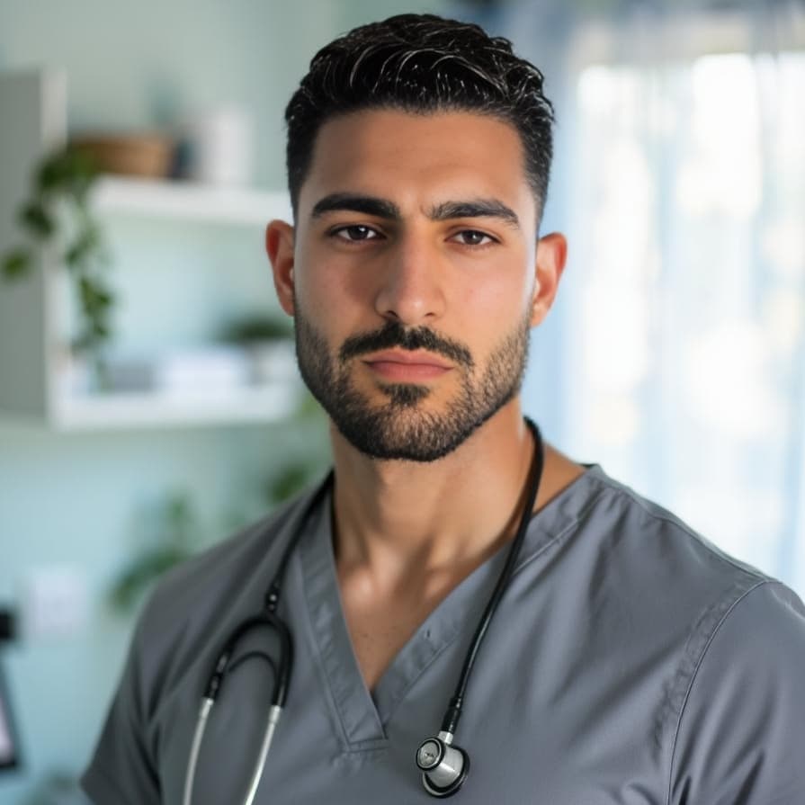 A dark-haired man in grey medical scrubs with a stethoscope poses in a clinical setting for Healthcare headshots.
