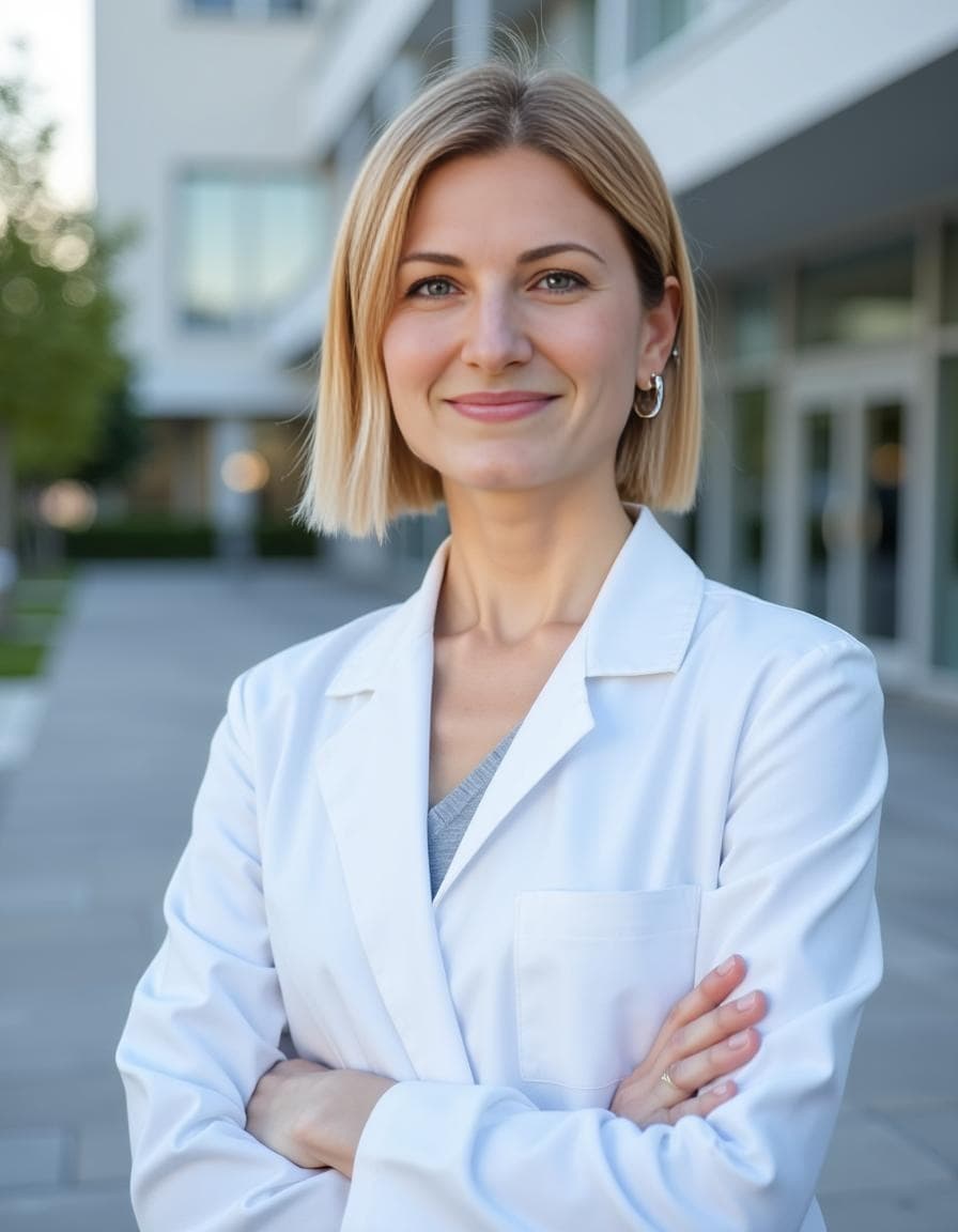 A blonde woman wearing a white lab coat and silver hoops smiles with crossed arms for Healthcare headshots.