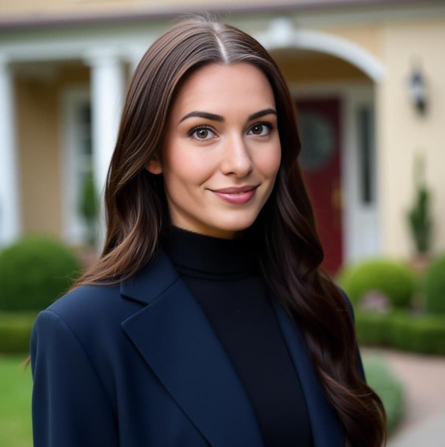 A woman with long wavy brown hair wears a navy blazer and black turtleneck before a house for Realtor photos.