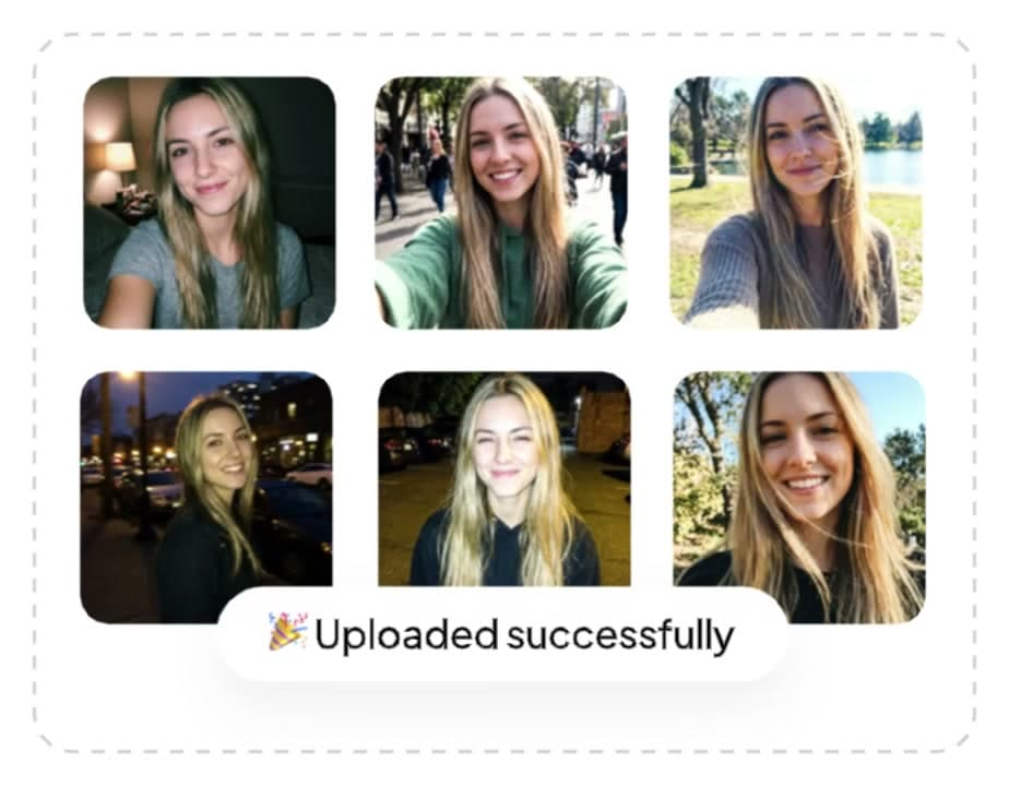 Six selfies of a smiling blonde woman fill a dashed upload area under an 'Uploaded successfully' confirmation, showing the upload step of Aragon's headshot process.