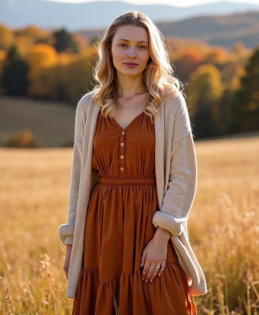 A blonde woman in an orange dress and cream cardigan stands in a golden field for an autumn header gallery.