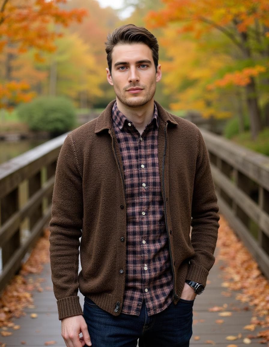 A man in a brown knit cardigan and plaid shirt stands on a wooden walkway for an autumn header gallery.