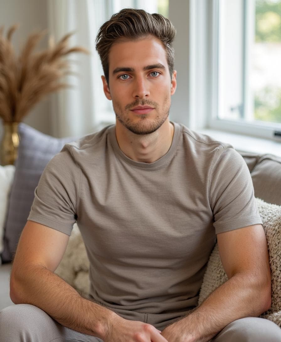 A man in a taupe tee sits on a gray couch with pillows and pampas grass for a cozy home header gallery.