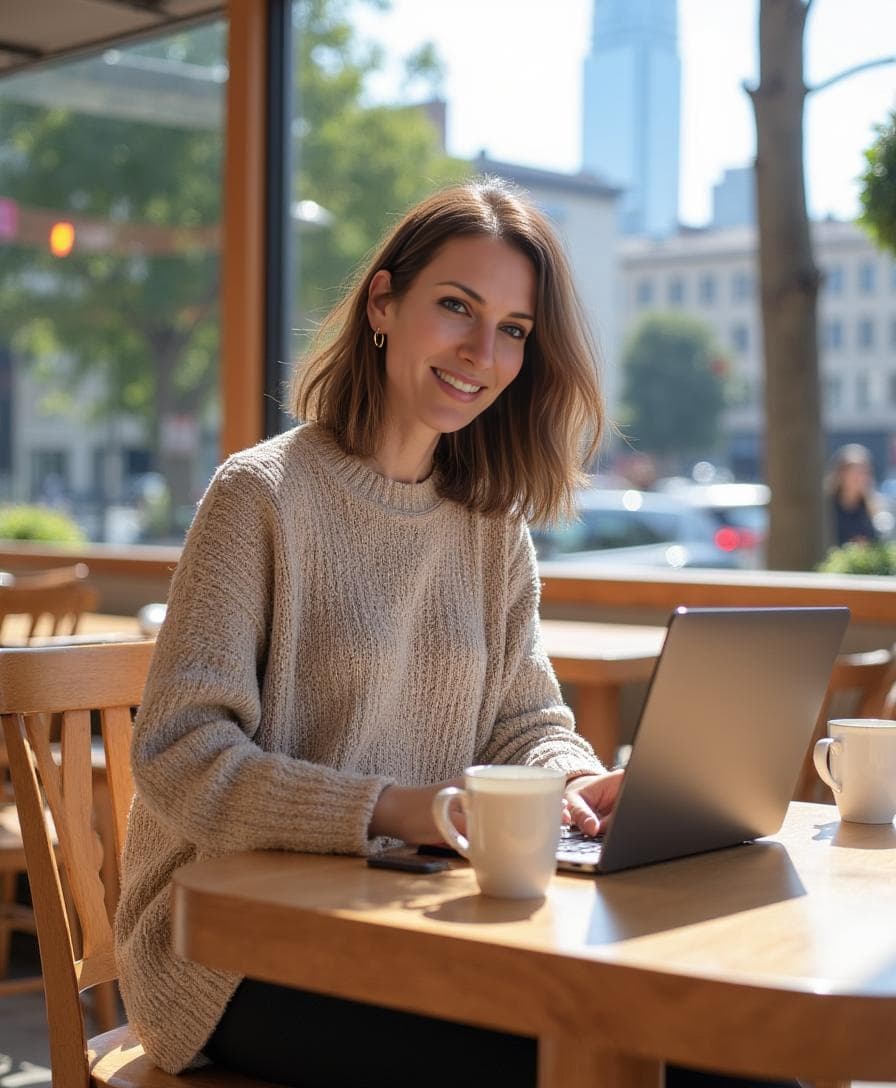 A smiling woman in a beige knit sweater works on a laptop at an outdoor cafe for a startup founder header.