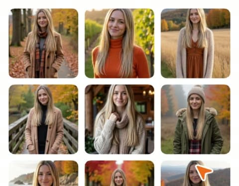 A grid shows a woman posing outdoors in scarves and knitwear for Aragon's Autumn Photos style package.