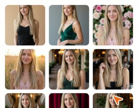 A grid shows a woman in glossy dresses and makeup for Aragon's Glamour Photos style package.