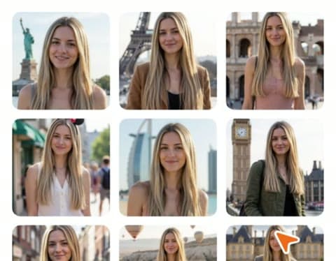 A grid shows a woman posing at the Eiffel Tower and Burj Khalifa for Aragon's Travel Photos package.