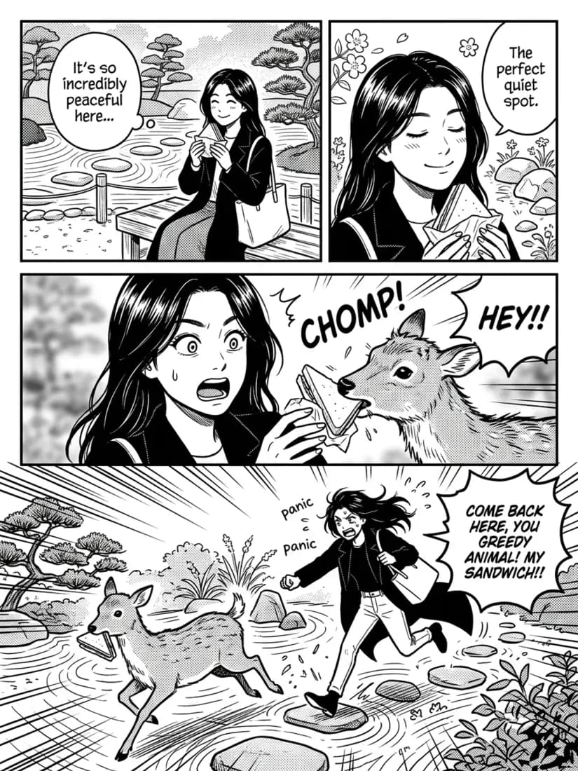 A black-and-white manga panel shows a woman's sandwich stolen by a deer, drawn by the AI Manga Generator tool.