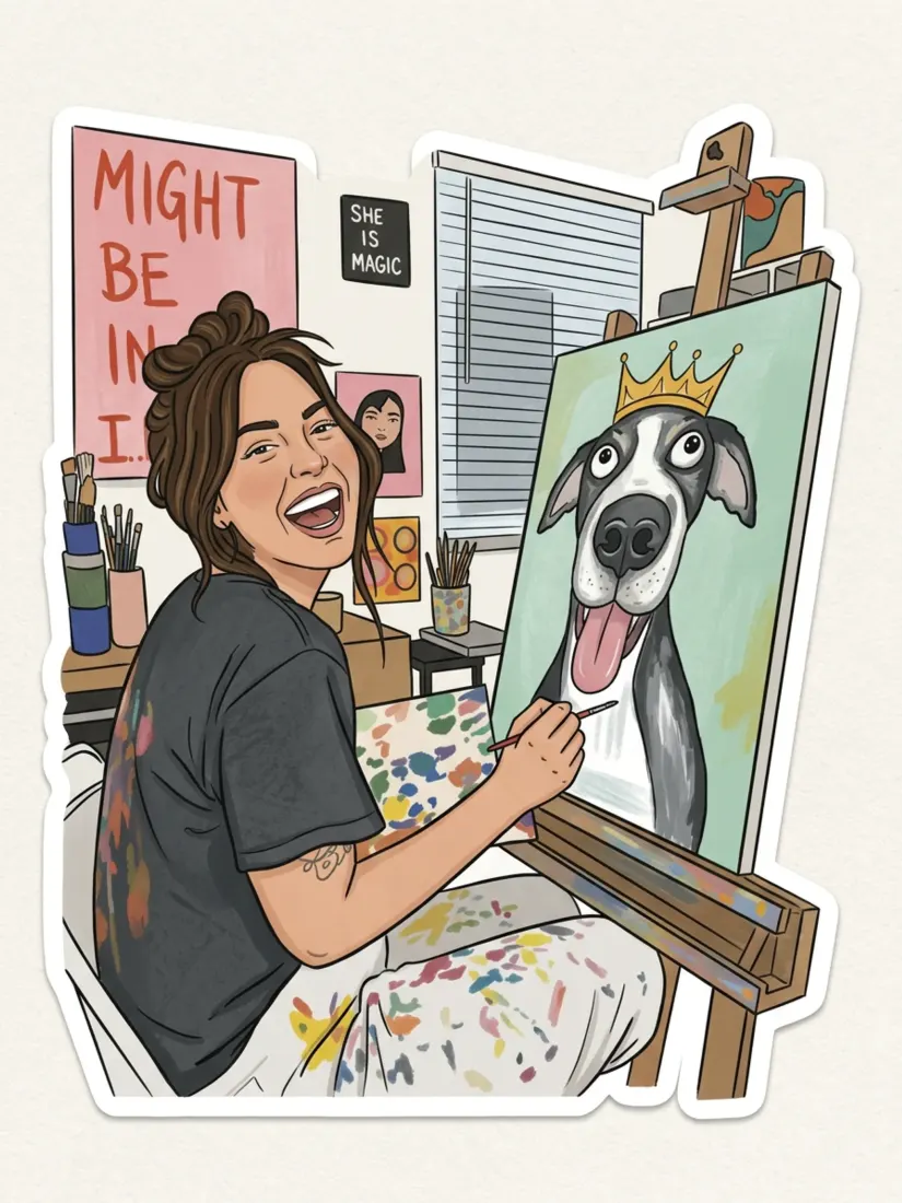A die-cut sticker shows a laughing woman painting a dog portrait, illustrated by the AI Sticker Generator tool.