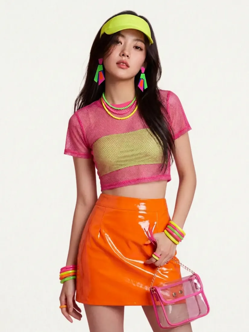 A woman models a pink and orange color-block outfit with a visor cap, styled by the AI Stylist tool.