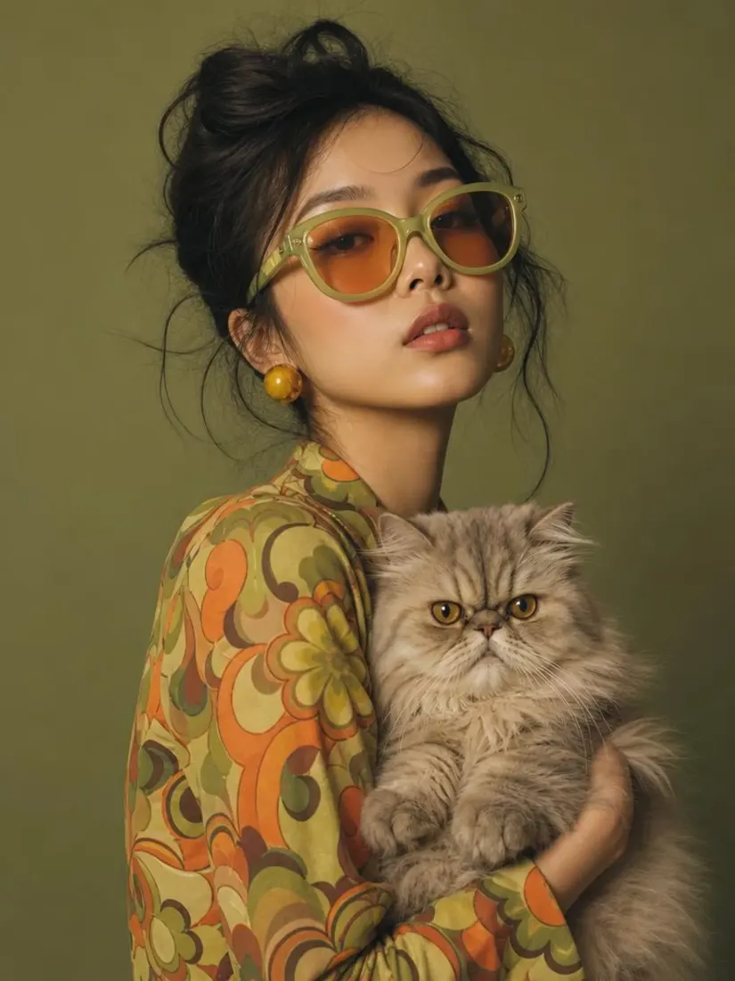 A woman in tinted glasses holds a fluffy cat against a patterned top, before appearing on a city billboard mockup.