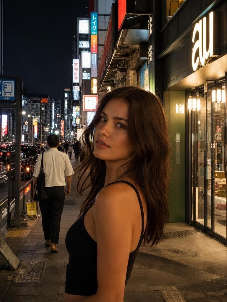 A woman glances back on a sharply focused city street lined with shopfronts, before the Bokeh Effect blurs the backdrop.
