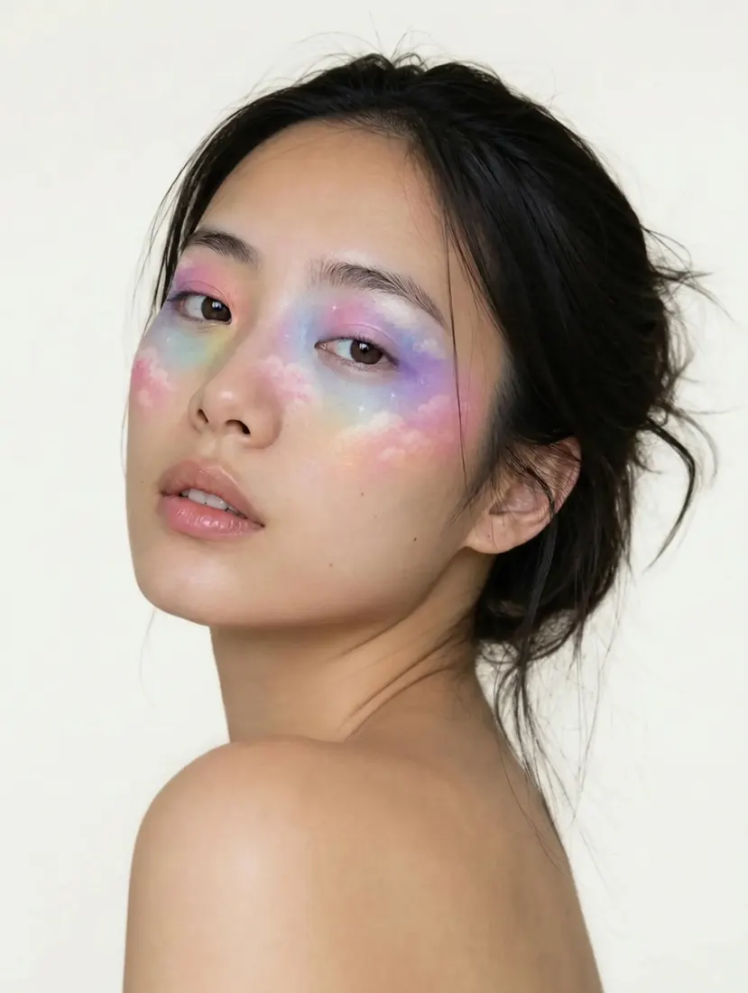 A woman wears a dramatic pastel rainbow eyeshadow look created by the Creative Makeup Filter tool.