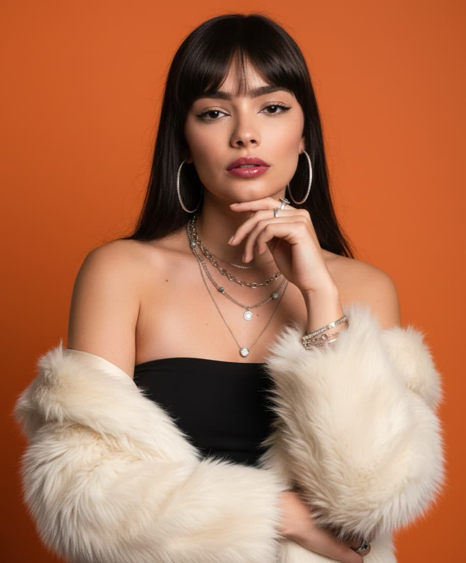 A woman in a black top and fur wrap poses against an orange backdrop, styled by the Editorial Shoot Generator tool.