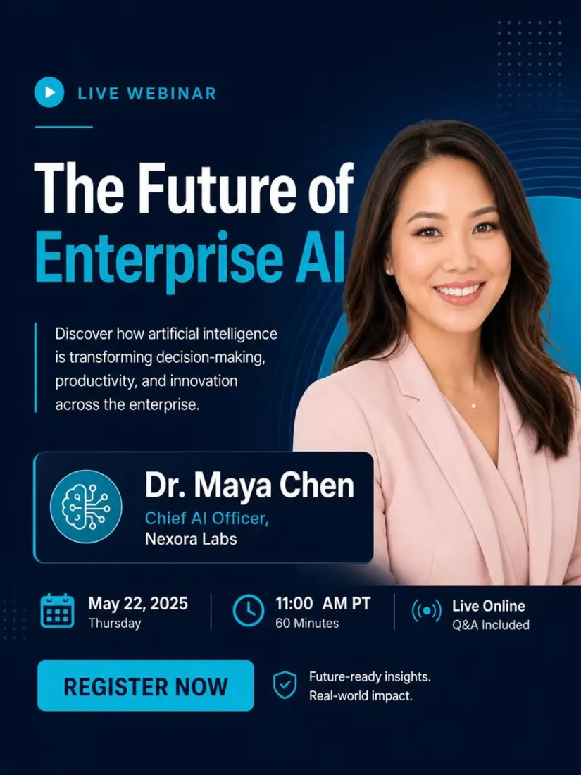 An Asian woman in a blazer headlines a webinar banner titled 'The Future of Enterprise AI,' built with the Event Banner Generator.