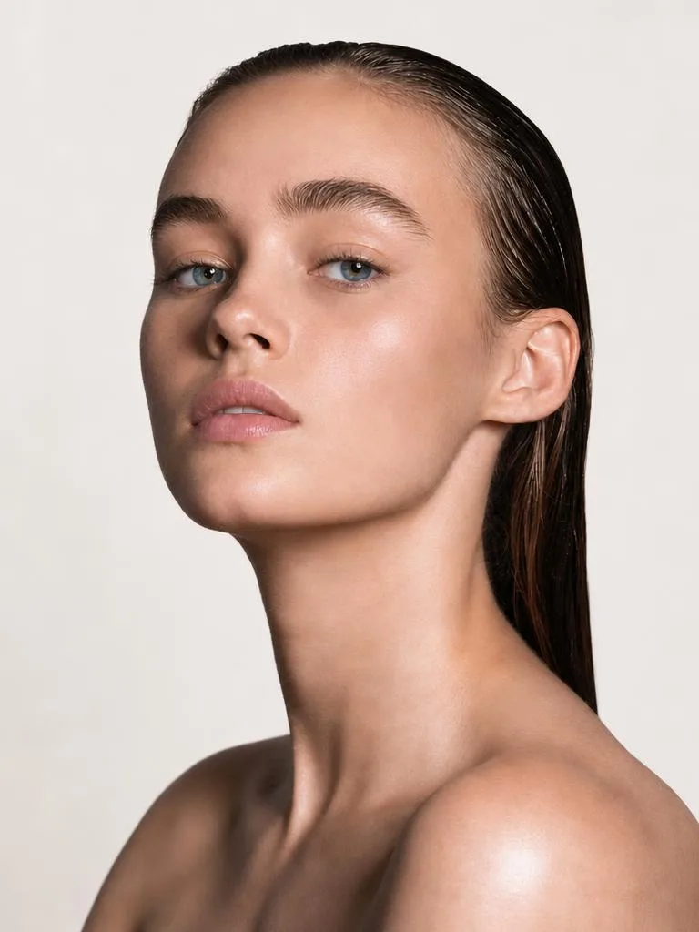 A close-up beauty shot shows glowing, refined skin after the Face Enhancer tool smooths out imperfections.