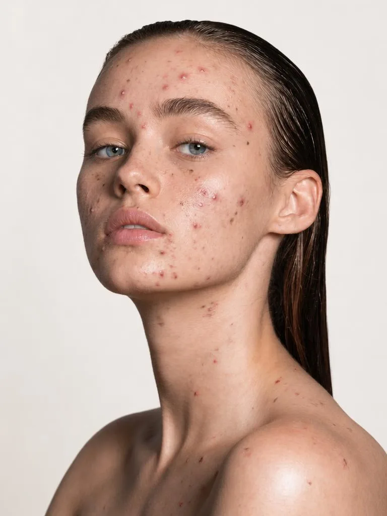 A close-up shows visible blemishes on bare shoulders and cheeks, before the Face Enhancer tool smooths the skin.