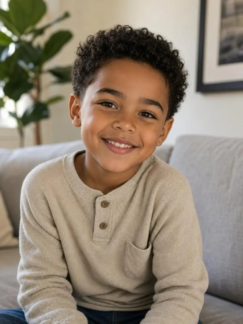 A curly-haired young boy smiles on a couch, an AI-predicted future baby from the Future Baby Generator tool.