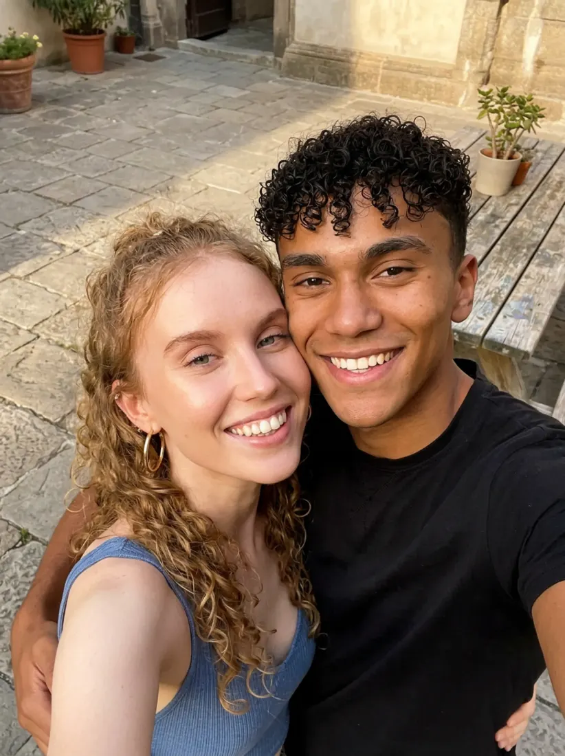 A woman and curly-haired man pose on a rooftop terrace, the parents used by the Future Baby Generator tool.