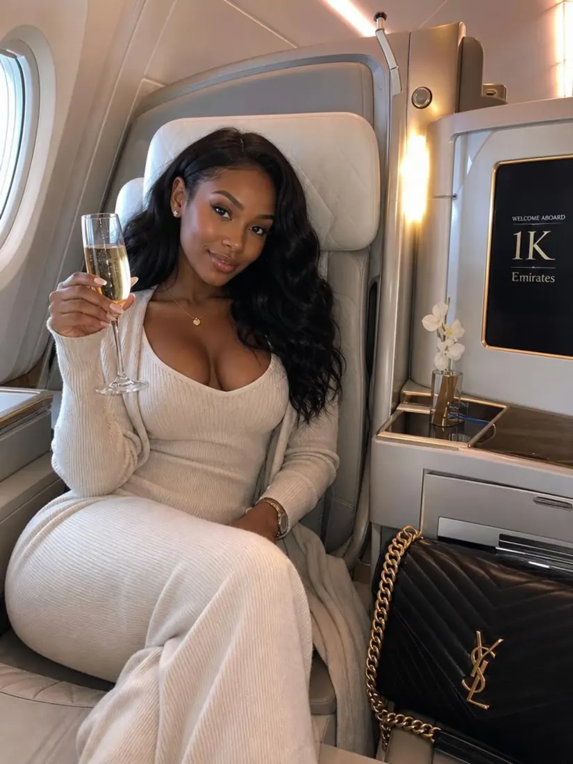 A woman in a cream knit set holds champagne in a first-class airplane seat, before the Gender Swap tool restyles the portrait.