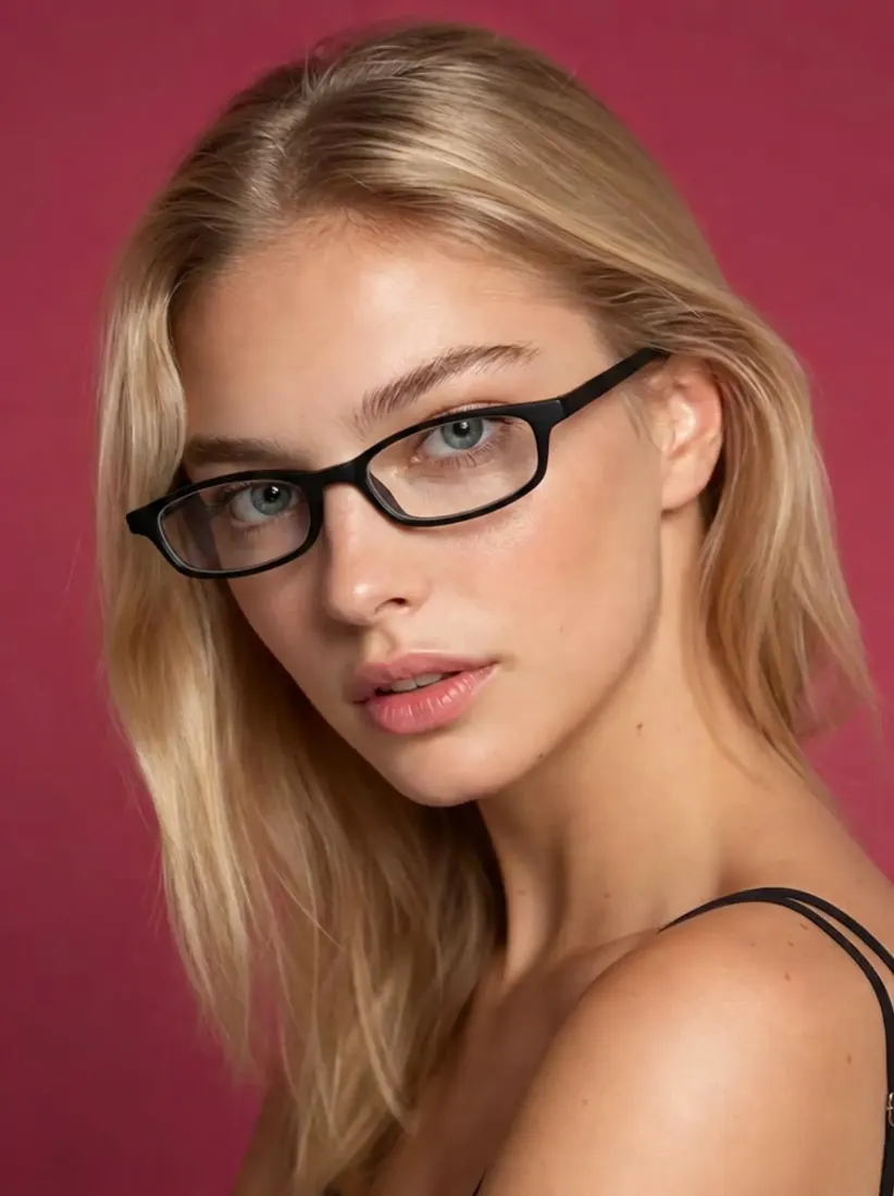 The same woman now wears bold black eyewear, a different style tried on with the Glasses Generator tool.