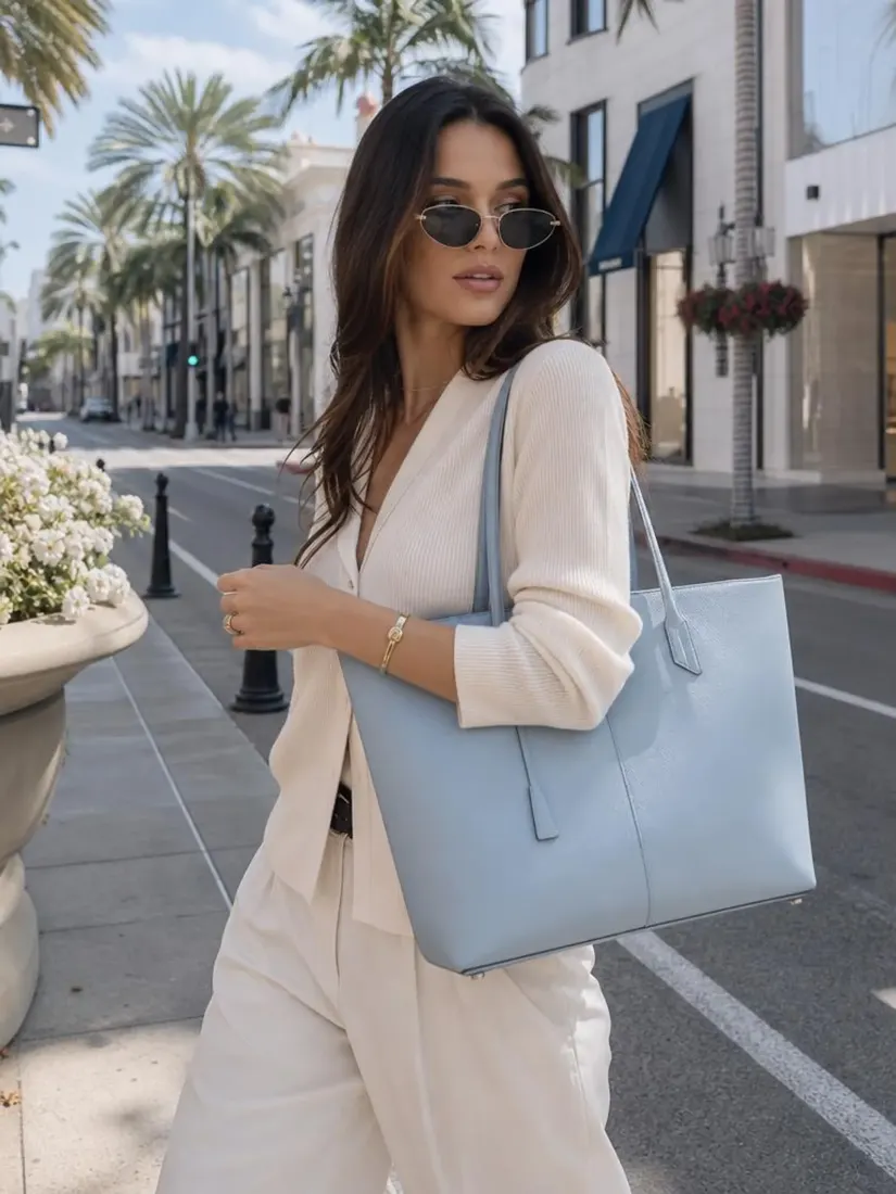 A woman walking a palm-lined street now carries a light blue tote bag, added by the Handbag Generator tool.