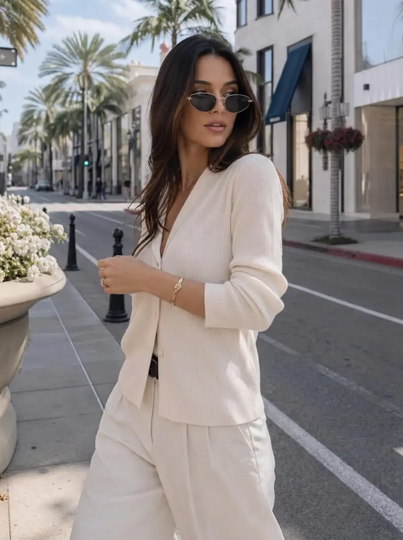 A woman in a cream outfit walks a palm-lined street with no handbag, before the Handbag Generator adds one.