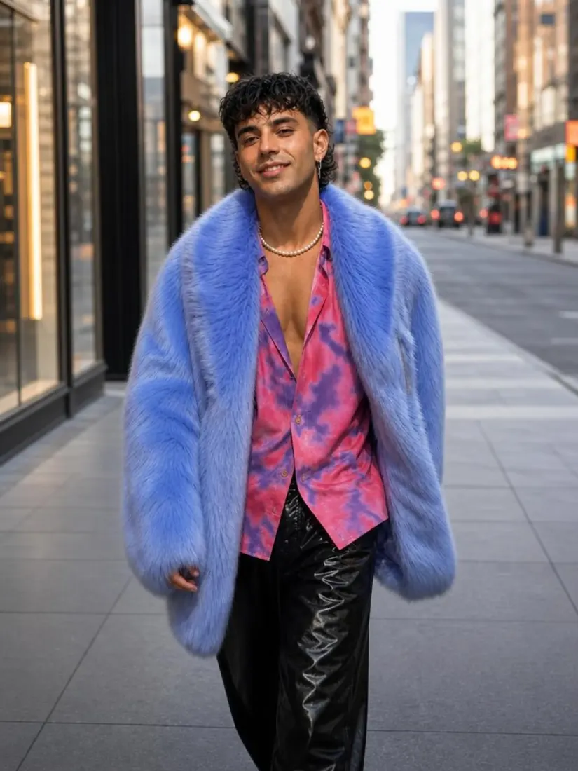 A man in a blue faux-fur coat and pink shirt stands on a city sidewalk, before the Head Turner Filter restyles the scene.