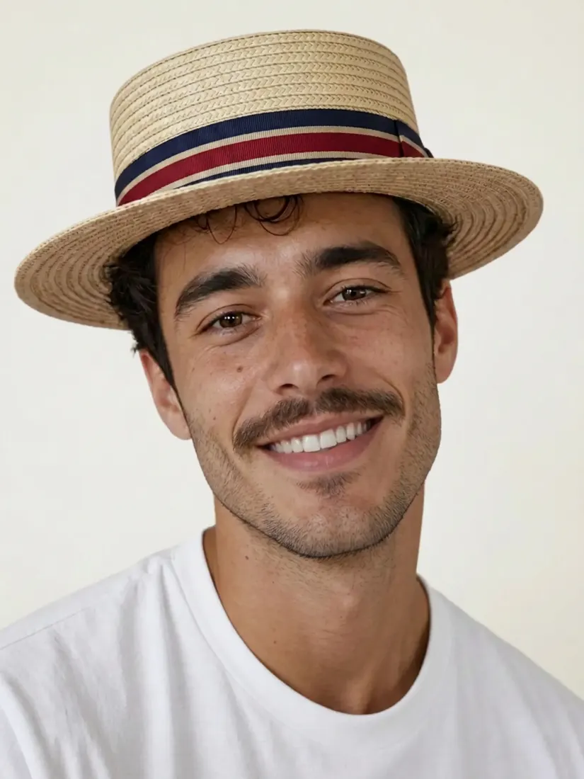 A close-up of a smiling man in a straw boater with a navy and burgundy band, generated by the Headwear Generator tool.