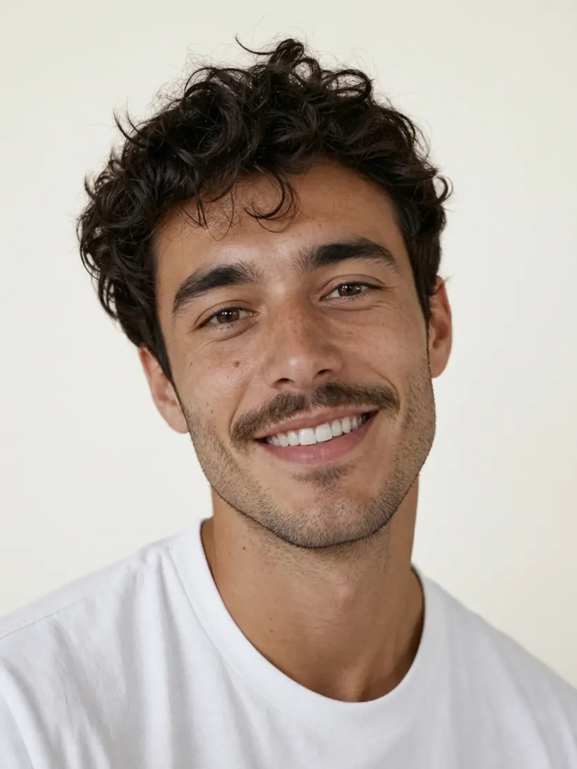 A close-up of a smiling man bareheaded in a white t-shirt, before the Headwear Generator adds a hat.