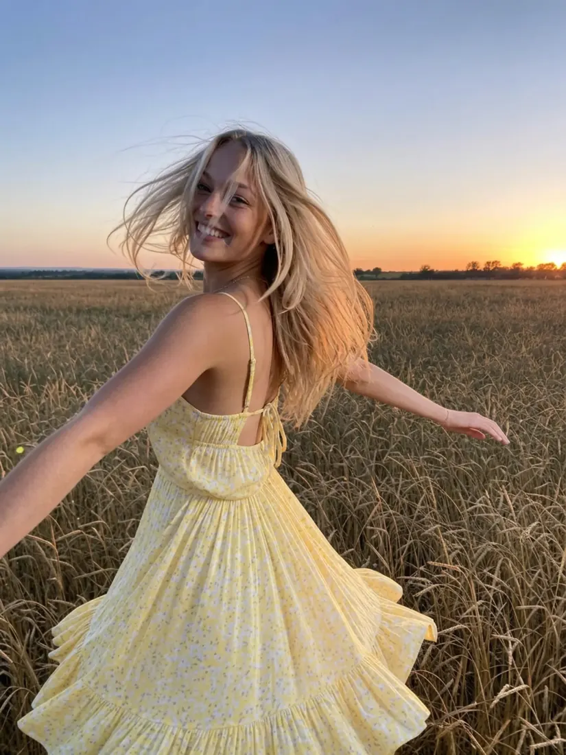 A woman in a yellow dress dances through a wheat field under warm relit sunset tones from the Lighting Editor tool.