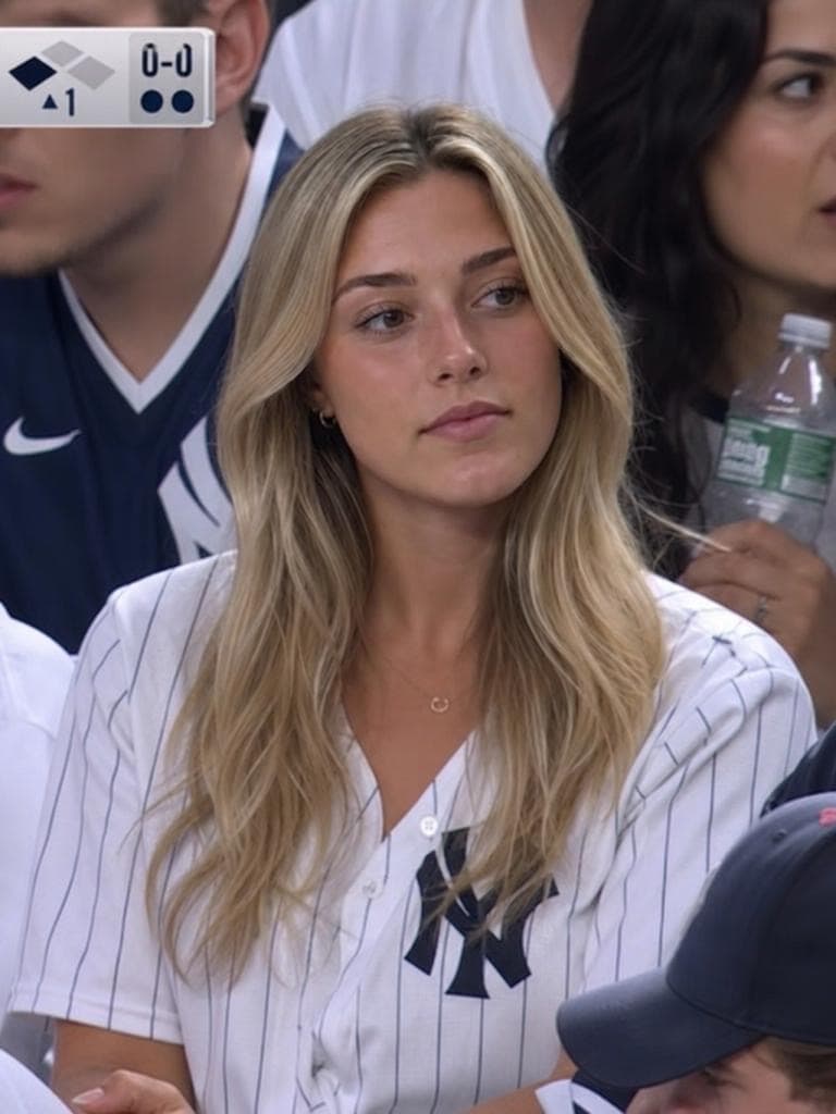 A woman in a Yankees jersey appears in a stadium crowd with a live sports broadcast overlay from the Live Broadcast Generator.