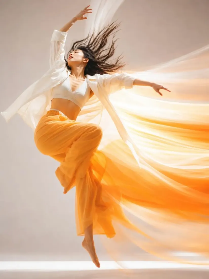 A dancer in a flowing orange skirt appears sharp and still, before the Motion Blur Filter adds streaking motion.