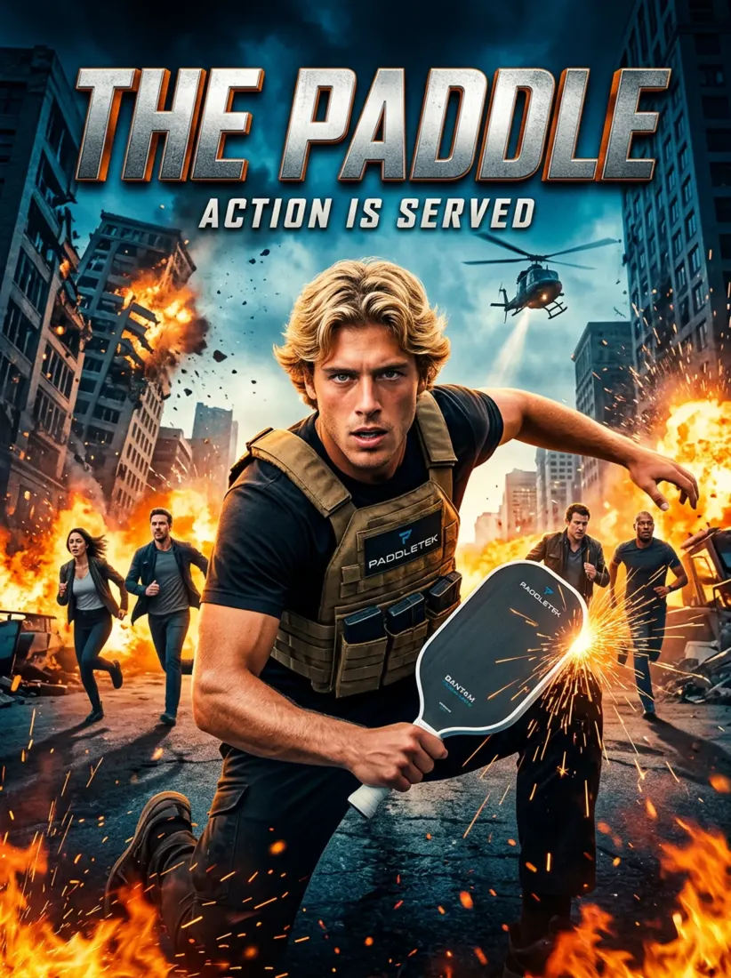 A man wielding a pickleball paddle headlines the action movie poster 'The Paddle,' created by the Movie Poster Generator tool.