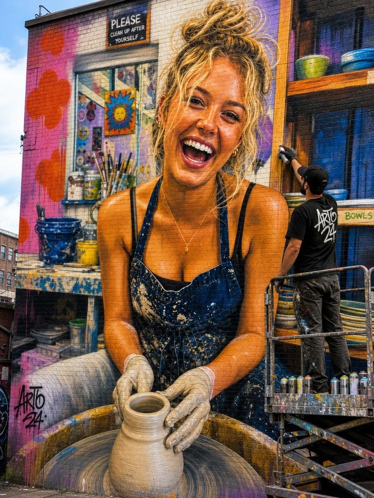 A street artist paints a large mural of a smiling woman at a pottery wheel, created by the Mural Generator tool.