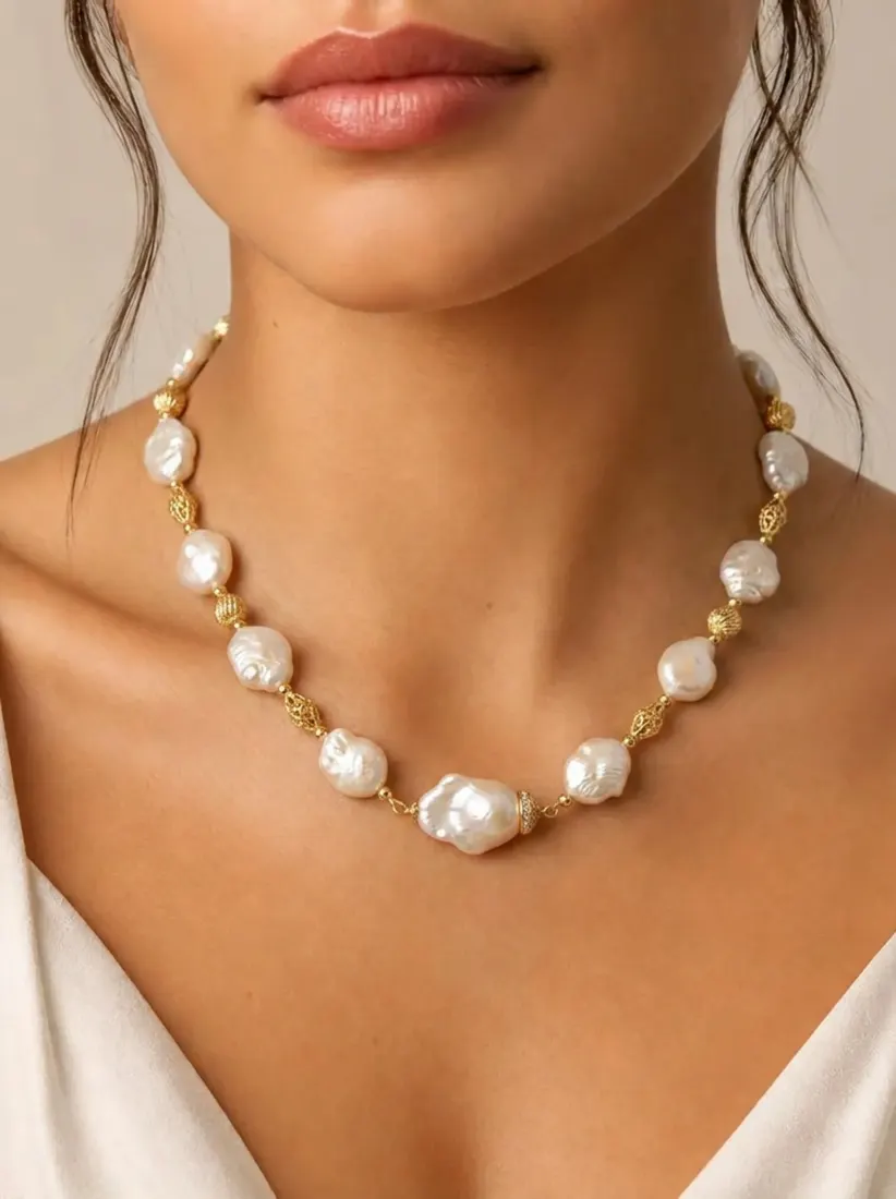 A close-up of a neck in a white top shows a baroque pearl and gold necklace generated by the Necklace Generator tool.